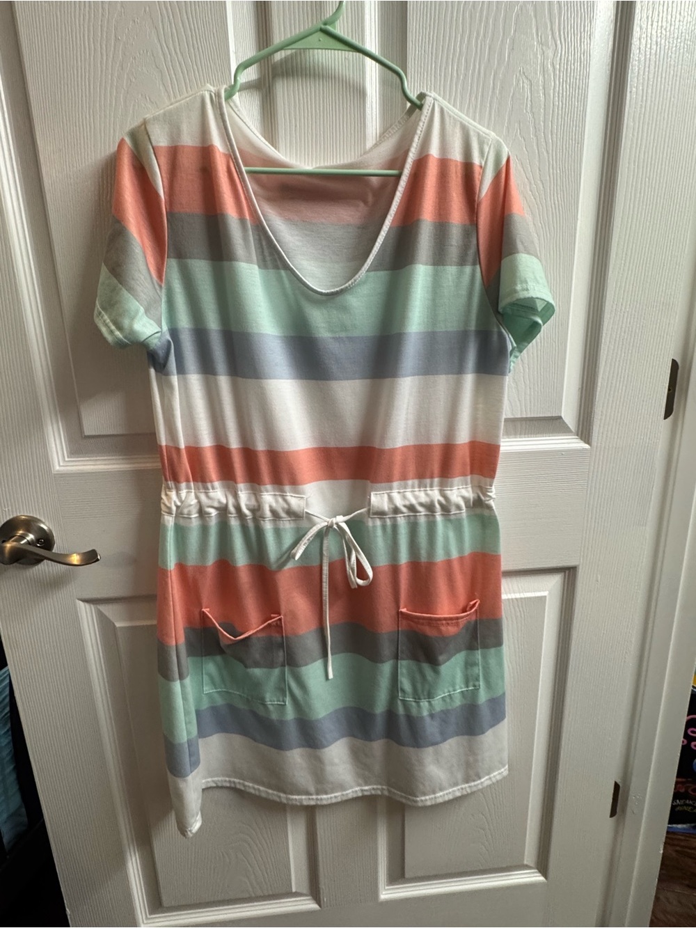 Women’s Striped Short Sleeve Summer Dress with Tie Waist/Pockets